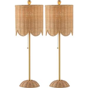 JONATHAN Y JYL1138A-SET2 Celerie 27.5" Coastal Bohemian Rattan/Iron Scalloped Buffet LED Table Lamp with Pull Chain, Natural/Brass Gold (Set of 2)