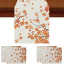 Fall Table Runner and Placemats Set of 5, Thanksgiving Maple Branch Linen Seasonal Kitchen Dining Table Home Outdoor Party Decorations 13x72 Inch