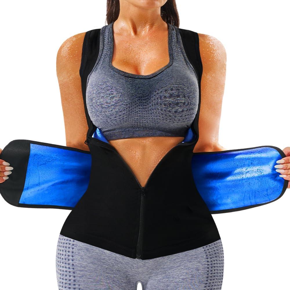LMCOB Sauna Vest for Women Sauna Waist Trainer Vest Workout Sweat Vest with Zipper Heat Trapping Sauna Suits (XX-Large, Blue Lining)