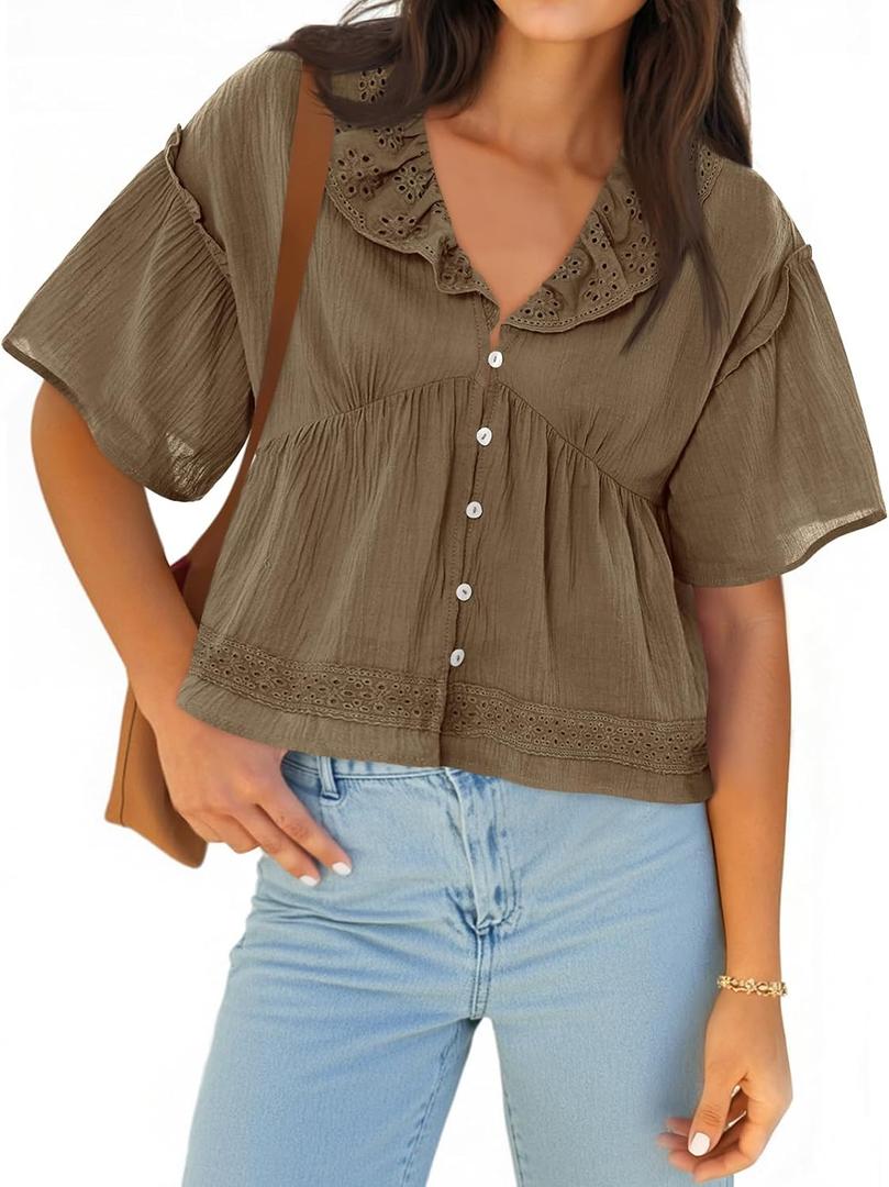 Cicy Bell Womens Cropped Babydoll Tops Summer Eyelet V Neck Short Sleeve Cute Blouses Ruffle Shirts, Medium