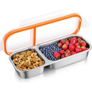 Juome Stainless Steel Snack Containers, Reusable Double/2 Compartment Snack Containers with Lids for Kids, Divided Food Storage Containers Condiment Box Sauce Cups for School, Travel, Home
