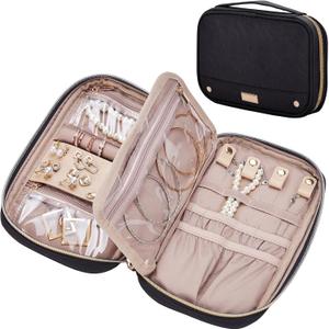 NISHEL Travel Jewelry Case, Holiday Organizer for Necklaces, Earrings, Rings, Bracelets, Watch, Black (Medium)