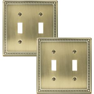 2-Pack Double Toggle Light Switch Cover Plate, Pearls Decorative Dual Switch Plate Covers, Antique Brass 2 Gang Metal Wall Plate, Corrosion Resistant