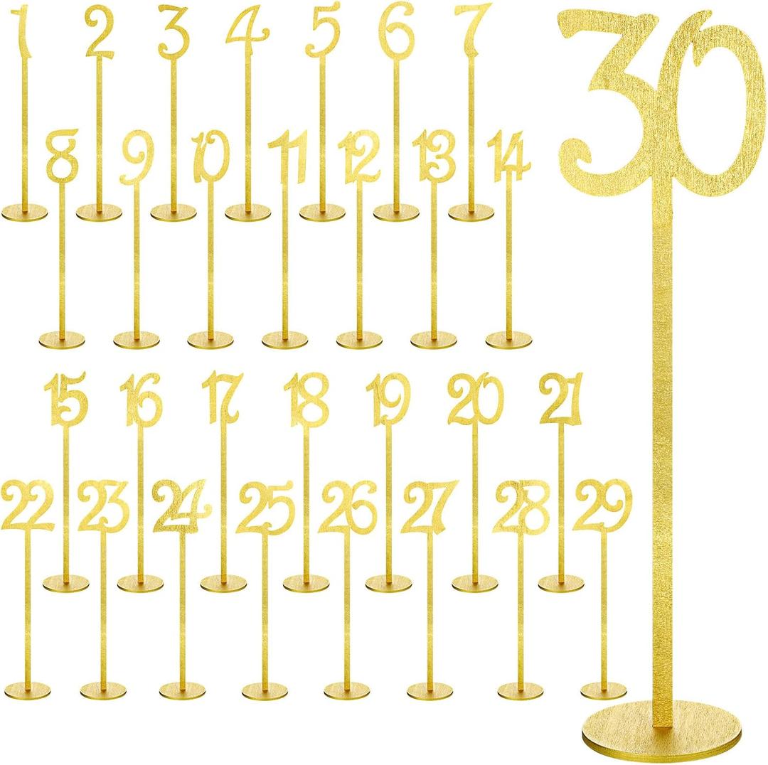 30 Pcs Wood Table Numbers Wedding 1-30 for Reception Stands Seat Table Numbers with Holder Base for Wedding Party Event Catering(Gold Color)