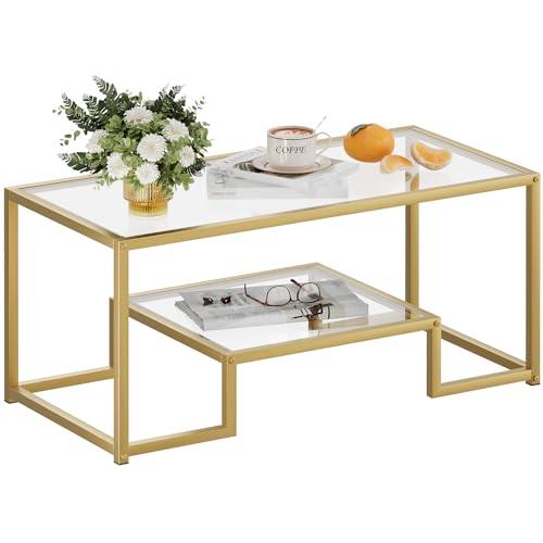 Wolawu Coffee Table Gold Glass Coffee Table for Living Room,2 Tiers Rectangle Center Table with Sturdy Metal Frame,Modern Tempered Glass Accent Table for Bedroom Home Office