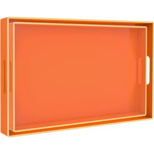 MAONAME Orange Serving Trays Set of 2, Plastic Decorative Trays with Handles, Rectangular Coffee Table Tray for Ottoman, Nesting Tray for Living Room, Bedroom