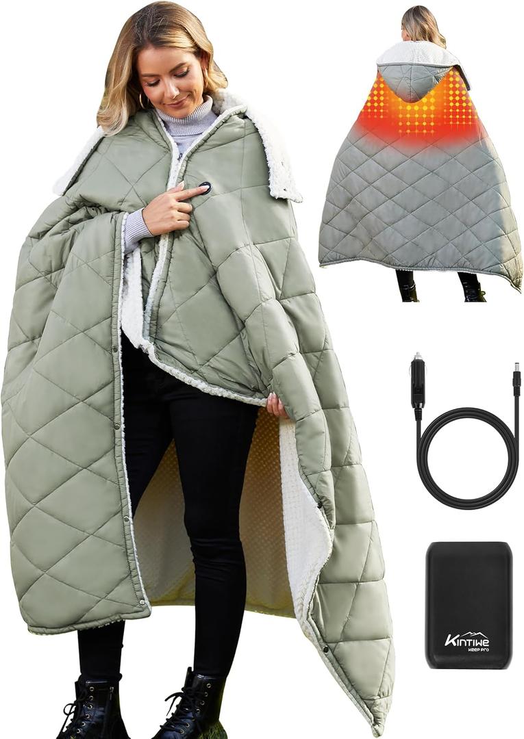 Heated Blanket Battery Operated, 12V Portable Electric Heated Shawl Throw with Detachable Hood-Scarf,Heating Outdoor Camping Blanket Hoodie for Traveling,Picnics,Car,51.2''X70.8'' (Grey)