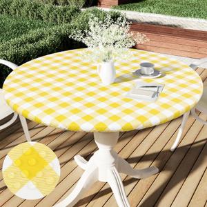 Smiry Round Picnic Tablecloth, Elastic Waterproof Fitted Vinyl Tablecloths for 36"-44" Tables, Flannel Backed Buffalo Plaid Table Cover for Dining, Camping, Outdoor, White and Yellow