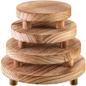Geetery 4 Pcs Wooden Risers for Display Wood Pedestal Stand Mini Tray Stand Round Wooden Pedestal Holder Rustic Riser for Decor Tiered Tray Decor Home Kitchen, 4 Size(Light Brown)
