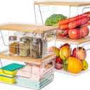 Criusia 2 Large and 2 Small Pantry Organizers and Storage with Bamboo Lids, Stackable Clear Bins for Onion, Potato, Fruit, Vegetables, Trash Bag Dispenser, Kitchen and Under Sink Organizer