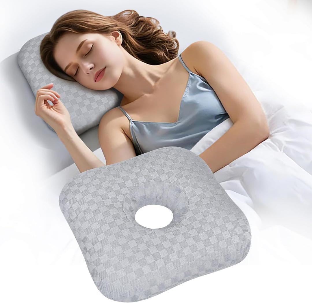Ear Piercing Pillow with Comfort Hole for Side Sleepers, Relief from Ear Pain and Pressure After Piercing or Surgery, Soft Contour Sleeping Pillow (Gray)