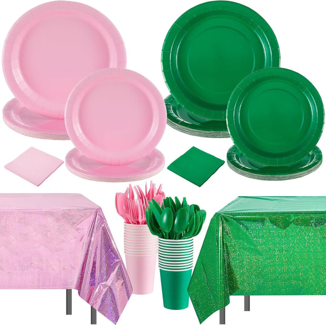 Hushee 170 Pcs Pink and Green Witch Party Decorations Witch Birthday Party Supplies Including Plates Tablecloth Cups Napkins Knives Forks Spoons for Birthday Favors, Serve 24 Guests(Solid)