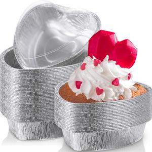 Hushee 36 Pcs 27 oz Valentine's Day Heart Shaped Cake Pan with Lid 7.4 Inch Aluminum Foil Disposable Cupcake Baking Pan Heart Food Packing Muffin Tin Liner Pudding Cooking Cup for Mother's Day