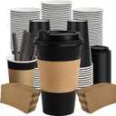 16 oz Paper Coffee Cups with Lids 50 Pack, Black Disposable Hot Coffee Cups with Lids, Sleeves and Stirring Sticks, To Go Cups, for Parties, Picnic, Travel, and Events
