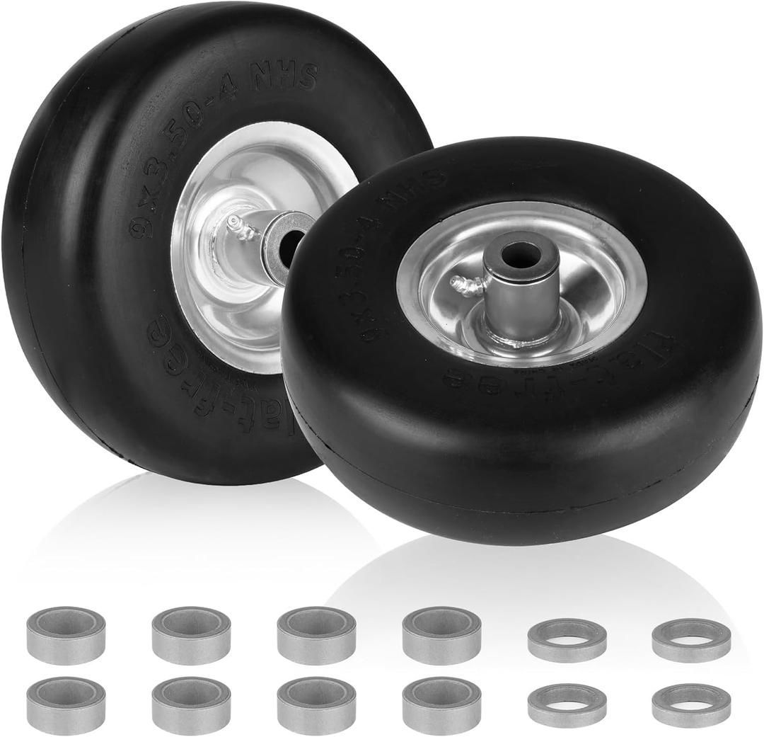 9x3.50-4" Flat Free Lawn Mower Tire and Wheel Smooth Tire with Rim for Commercial and Residential Walk-Behind Lawnmowers, Hand Trucks, Garden Carts | 4" Centered Hub | only fit Bore ID 3/4" 2PCS