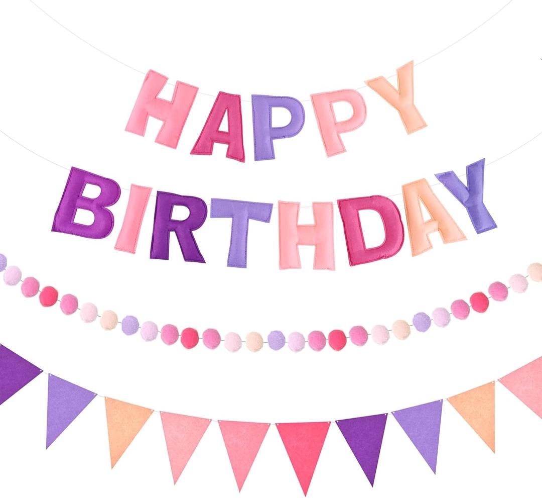 CANREVEL Pre-Strung 3D Rainbow Happy Birthday Banner, 3 PCS Happy Birthday Felt Sign, Pom Pom Garland, Triangle Fabric Bunting, Colorful Reusable Birthday Decorations for Women Men Girls Boys, Purple