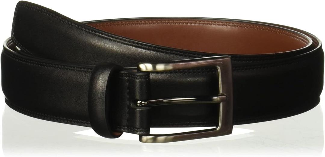 Perry Ellis Men's Timothy Leather Belt with Stitched Edges, Silver Prong Buckle, 1.5" Width) (32, Black)