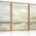 LHIUEM Large Abstract Green Gray Pastel Framed Canvas Wall Art, Neutral Landscape Wall Decor, Modern Watercolor Lake Artwork, Beige Textured Illustrations Art for Living Room, Bedroom, Office- 16"x24"x3