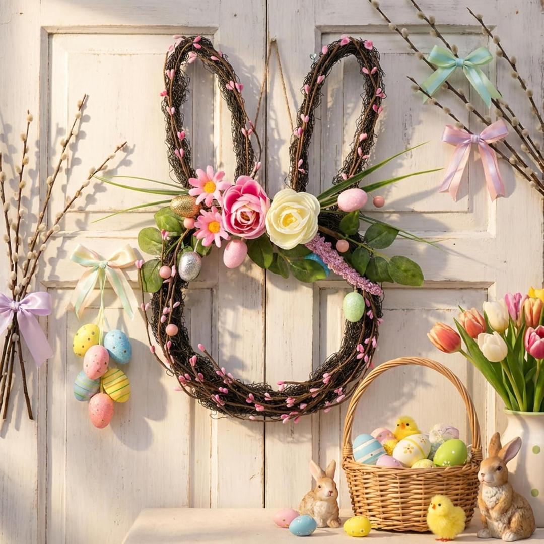 Suncalla 15.7 Inch Easter Bunny Wreath for Front Door Easter Rabbit Wreath Decoration with Pastel Egg Spring Door Garland with Peony Flower Mixed Twig for Home Indoor Outdoor Window Wall Party Decor
