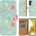 32nd Floral Series 2.0 - Design PU Leather Book Wallet Case Cover for Samsung Galaxy S22, Designer Flower Pattern Wallet Style Flip Case with Card Slots - Spring Blue