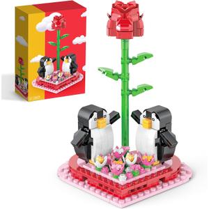 Rose Valentines Flower Building Blocks Set, 281+PCS Red Bouquet Flowers Mini Penguin Blocks Kit Birthday Gifts for Adult Women Teens Indoor Home Office Valentine's Day Decor