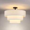 Doraimi Lighting 3 Tier White Drum Fabric Semi Flush Mount Light Modern Farmhouse Decor 7 Light 24 Inch Black Finish for Kitchen Living Room Dining Room Corridor Hallway
