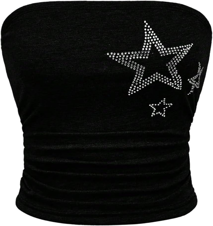 WDIRARA Women's Star Rhinestone Ruched Strapless Crop Tube Top Y2k Graphic Bandeau Tops (Medium, Black)