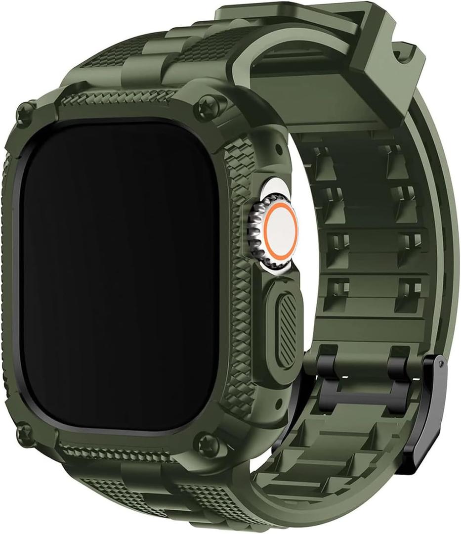 Fullmosa Compatible with Apple Watch Bands 49mm Ultra3/2/1, Rugged Apple Watch Strap Ultra with Military Grade Shockproof Bumper Case for Men Women, Army Green