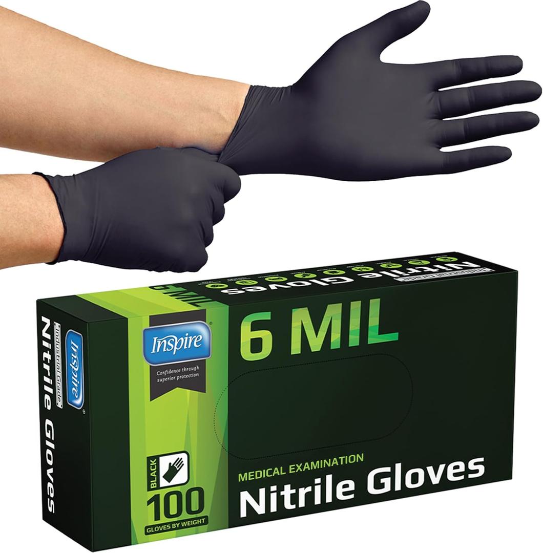 Inspire Black Nitrile Gloves HEAVY DUTY 6 Mil Nitrile Chemical Resistant Medical Cooking Cleaning Disposable Black Gloves (Large)