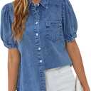 BMJL Womens Denim Shirt Business Casual Button Down Work Blouses Puff Sleeve Summer Tops S