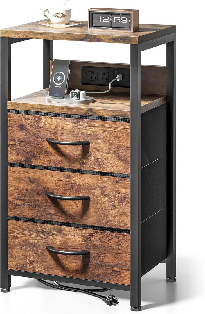 Lazzanto NightStand Bedside Charging Table Bedroom - Night Stand with Charger Station, Modern Nightstand with Open Shelf & 3 Fabric Drawers, Bed Side Table USB-C Port for Dorm Living Room