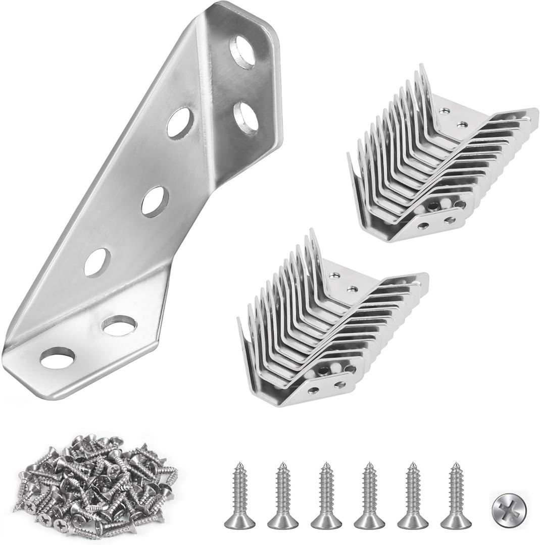 PlusRoc 24-Pack Universal Stainless Steel Furniture Corner Connectors with Screws - Heavy Duty Triangular Support Brackets for Wood Furniture, Drawers, Cabinets, Tables, and Chairs