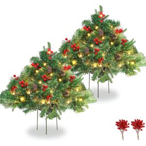 Tigeen 2 Pcs 22 Inch Timer Prelit Christmas Urn Filler, Outdoor Planter Pots Filler Prelit Xmas Pine Trees with Cones and Red Berries 50 Warm White LED with 8 Light Modes for Yard Porch Decor(Classic)