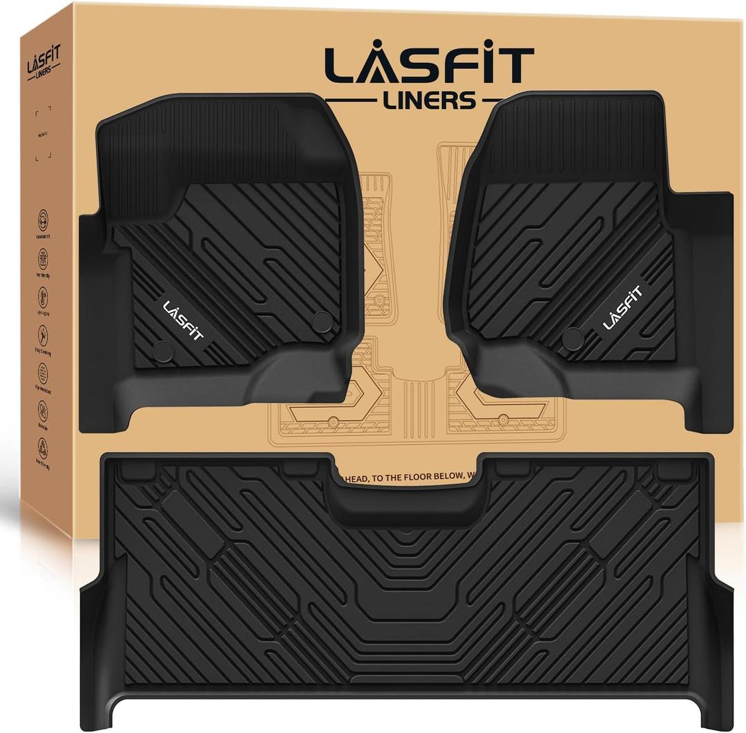 LASFIT Floor Mats for Ford F250 F350 F450 2017-2025 Crew Cab Front Bucket Seat | Rear W/Fold-Flat Storage Carpet Floor Super Duty All Weather Protector TPE Car Floor Liner, 1st & 2nd Row, 3pcs Black