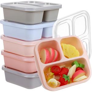 Honeydak 5 Pack Snack Containers 3 Compartment Bento Snack Boxes Divided Meal Prep Containers with Lids Reusable Adults Lunch Food Storage Box for School Work Travel(Morandi Color)