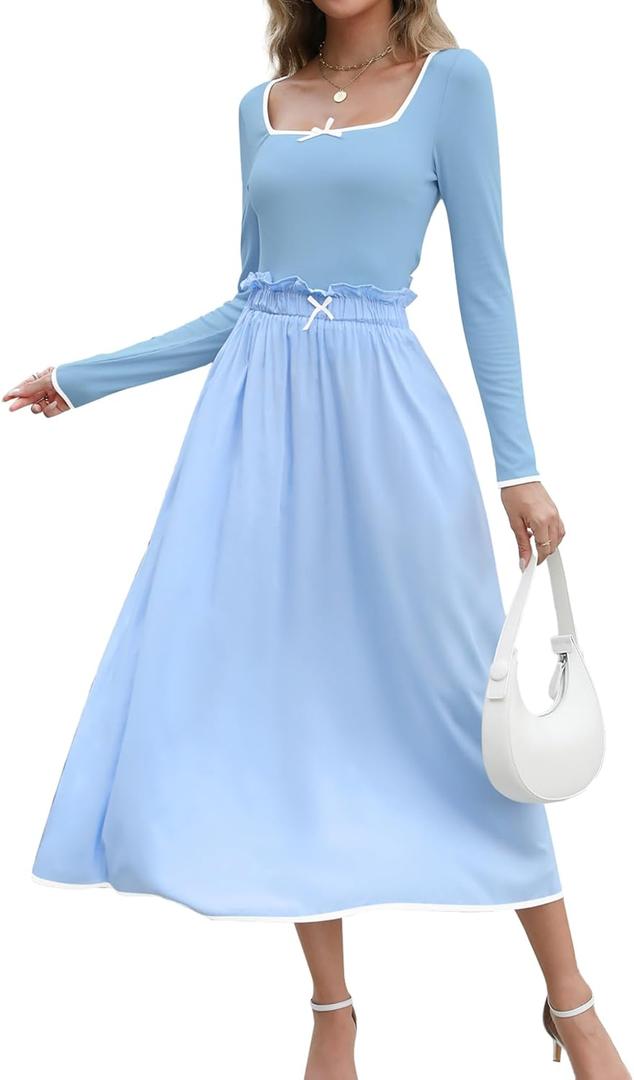 Women's Fall Ribbed Knit Two Piece Outfit Long Sleeve Top & High Waist Pleated Midi Skirt with Pockets (Blue, S)