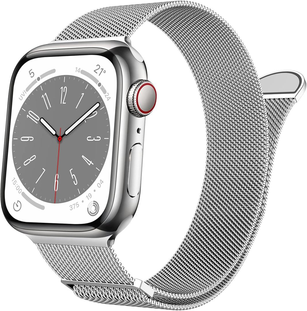 MARGE PLUS Compatible with Apple Watch Band Series 10, Ultra 2, SE, Ultra 9 8 7 6 5 4 Women and Men, Stainless Steel Mesh Loop Magnetic Clasp Replacement for iWatch Bands 38mm 40mm 41mm 42mm Silver