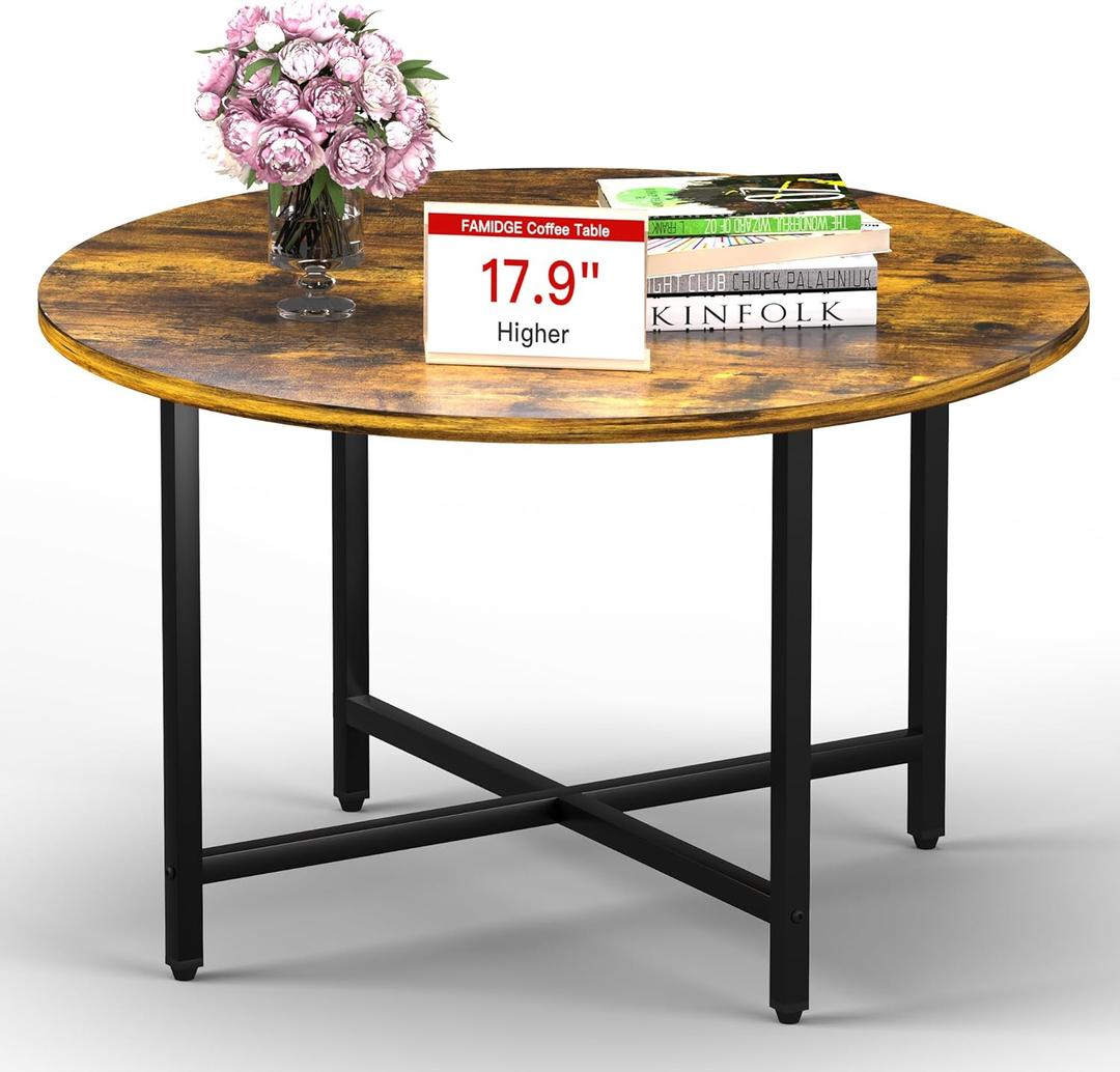 Round Coffee Table, Small Coffee Tables for Living Room, Wood Coffee Table with Metal Frame, Floor Table Desk for Sitting on The Floor, Home, Office, Farmhouse, Rustic Brown (23.6"D x 17.7"H) (1T, Style5-higher Rusbrown)