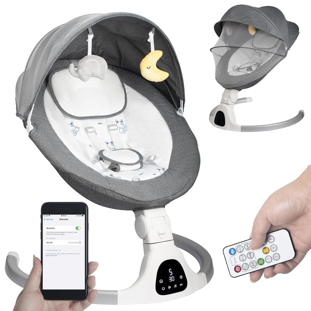 Baby Swing for Infants to Toddler Portable Babies Swing Timing Function 5 Swing Speeds Bluetooth Touch Screen Music Speaker with 10 Preset Lullabies 5-Point Carabiner (Gray)