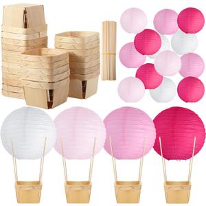 Namalu 24 Set Hot Air Balloon Baby Shower Centerpieces Paper Lanterns Wooden Candy Boxes with Sticks DIY Craft for Graduation Birthday Wedding Party Table Decoration(Hot Pink)