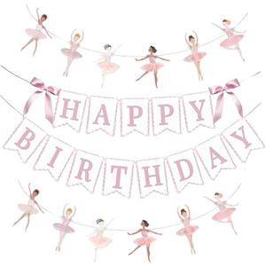 JENSENLIN Ballet Birthday Party Decorations Set,Pink Happy Birthday Banner with Ballerina Garland, Aesthetic Beauty Dance Theme Photo Props, 4 Pieces.