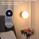 Battery Operated Rechargeable Wall Sconce Single, Brushed Gold Opal Glass Globe Wall Lamp, Wireless Touch & Remote Control, Dimmable 3 CCT + 12 RGB Colors for Bedroom Living Room Hallway