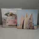 Beach Picture Coastal Wall Art: Surfboard & Pink Car Painting Ocean Wall Art on Canvas for Bedroom (16 x 16 x 2 Panels)