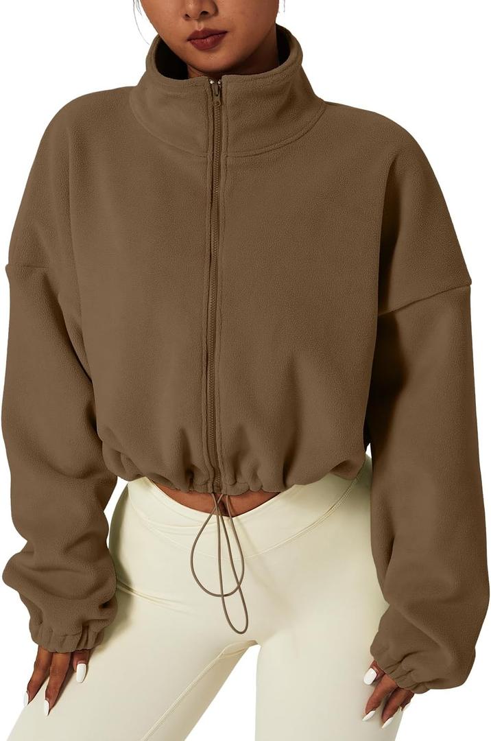 QINSEN Women's Full Zip Fleece Short Jacket Warm Winter Long Sleeve Stand Collar Sherpa Crop Coat Chestnut M
