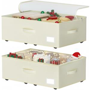 EE-RoomWorld Under Bed Storage with Wheels, No Assemble Required 10 inches height Under Bed Storage bins,Large capacity Rolling Underbed Shoe Storage containersdorm underbed storage drawers (Beige)