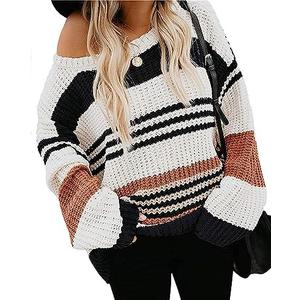ZESICA Women's Fall Long Sleeve Crew Neck Striped Color Block Casual Loose Knitted Pullover Sweater Tops.L