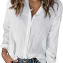 Karlywindow Womens Long Sleeve Button Down Cotton Linen Shirt Blouse Loose Fit Casual V-Neck Tops (White, M)