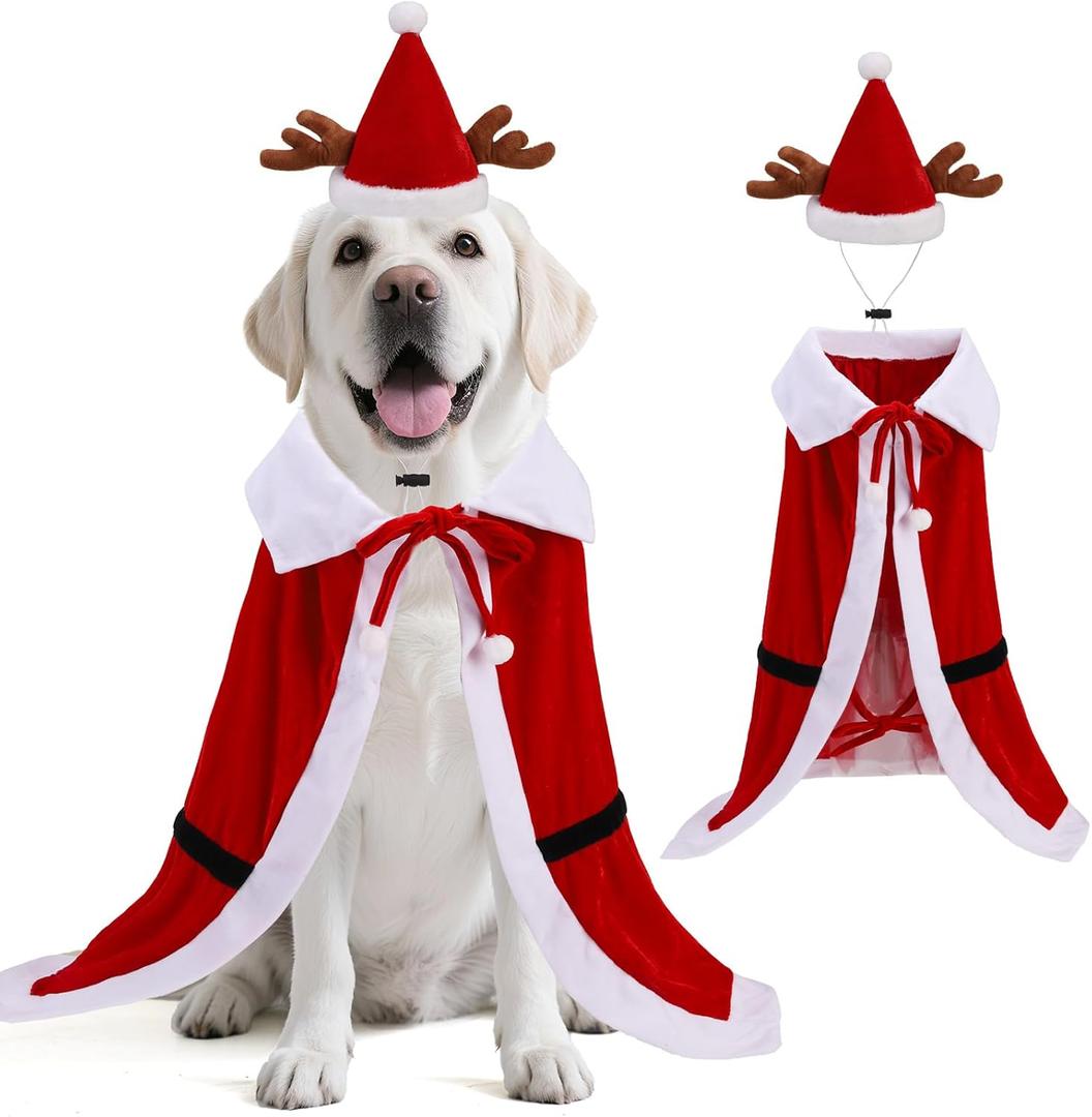 EXPAWLORER Christmas Dog Santa Claus Costume, Doggie Santa Claus Cloak and Hat Set for Small Medium Large Dogs Cats, Cute Funny Costumes Clothes Cosplay Dress Apparel for Holiday Party Photo Props L