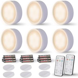 EverBrite Puck Lights with Remote, Wireless LED Battery Operated, Under Cabinet Timer, Stick on Light, Closet Light Dimmable for Closet, Bedroom, Included (6-Pack) (White)