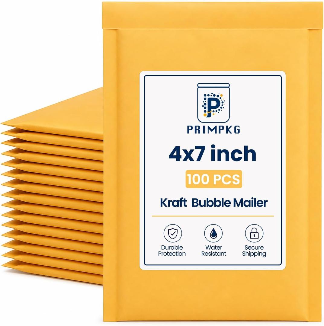 Natural Kraft Bubble Mailers 4x7in Exterior, 3.2x7in Interior, 100 Pack Padded Envelopes, Self-Seal Tear Resistant Poly Lined Mailing Shipping Bags for Small Business Boutique Packaging